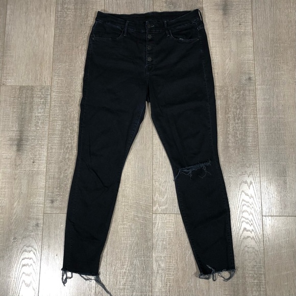 MOTHER The Pixie Ankle Fray Jeans Size 32 Button Fly raw hem Dark Blue - Picture 1 of 12